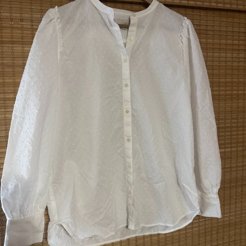 LOFT 100% Cotton White Embroidered Button Down | Women's Medium
